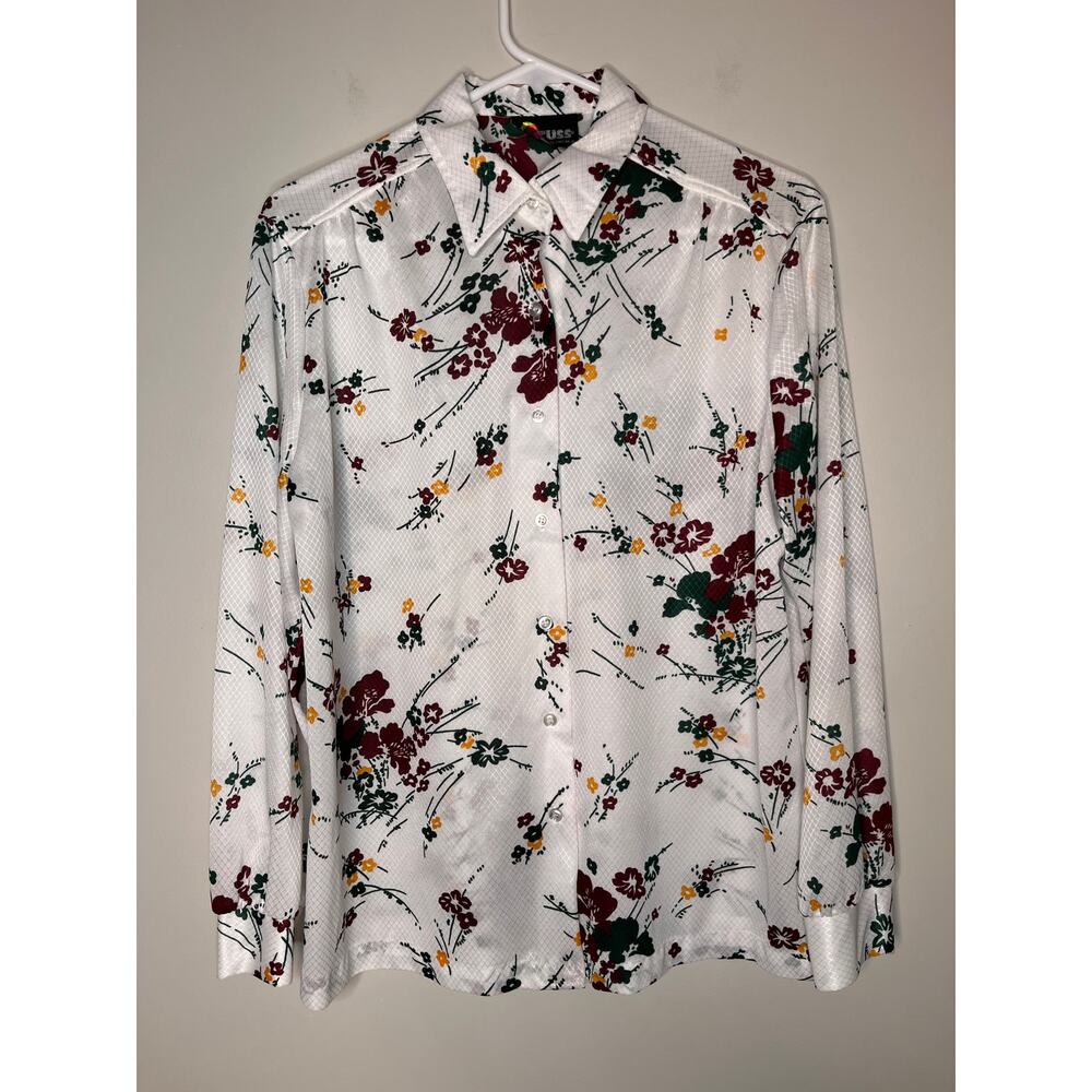 1970s Russ Red Green Yellow Shimmer Floral Psychedelic Disco Dagger Shirt XL